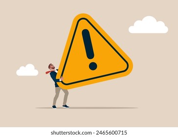 Businessman hold of exclamation attention sign. Incident management, root cause analysis or solving problem, identify risk or critical failure concept. Vector illustration.