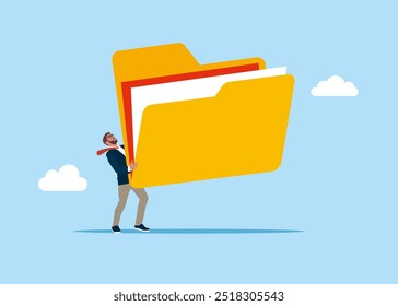 Businessman hold of files folder. Archive document to be index. Modern vector illustration in flat style