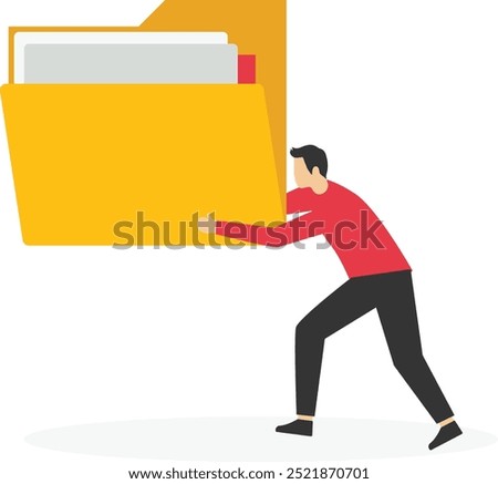 Businessman hold of files folder. Archive document to be index. Modern vector illustration in flat style

