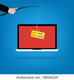 Businessman hold a fishhook for phishing username and password logon on victim laptop notebook. Vector illustration computer security technology concept.