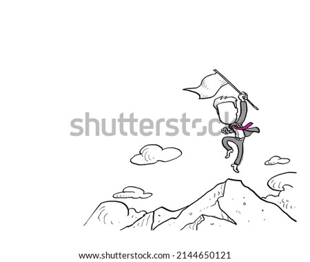 Businessman hold flag jumping on top of mountain. Goal achievement concept. Cartoon vector illustration design