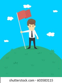 A Businessman Hold Flag On The Pinnacle. Vector