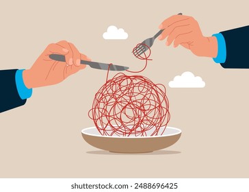 Businessman hold fork knife eat cut chaos messy line charts. Mental health treatment or psychology support, help relief anxiety or depression. Flat vector illustration