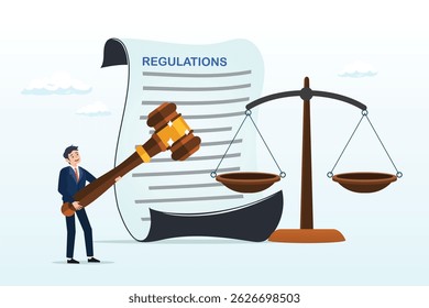 Businessman hold gavel with scale and regulation document, regulations, law or rules, authority, legislation or government lawsuit, legal document justice or courthouse, verdict or punishment concept