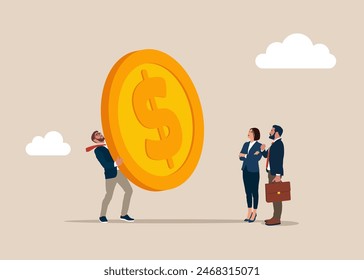 Businessman hold of gold coin. Extensive financial or economic growth. Profit from the stock market or investment. Flat vector illustration