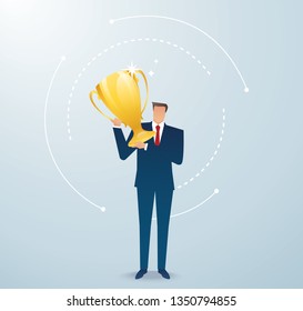 businessman hold the gold trophy successful winner. business concept vector illustration