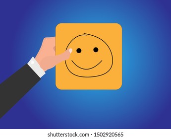 Businessman hold a happy face icon drawn on paper, Customer experience and satisfaction survey concept
