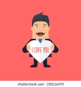 Businessman Hold Heart, Flat Style Vector Design