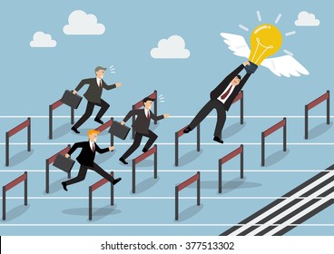 Businessman hold an idea is the winner in race competition. Business concept