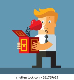 Businessman hold a jack in the box toy. Fist  springing out of a box. Business flat vector illustration.