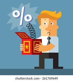 Businessman hold a jack in the box toy.Percent  springing out of a box. Business flat vector illustration.