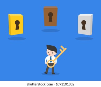 Businessman hold a key with different three keyhole, making decision concept flat design