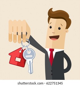 Businessman hold a key of house or apartment. Vector, Illustration, Flat