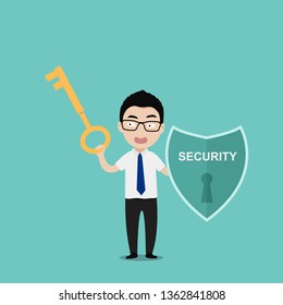 Businessman hold key lock digital technology security. Business concept