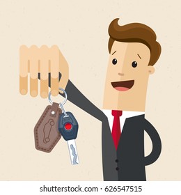 Businessman hold a key of new car. Vector, Illustration, Flat