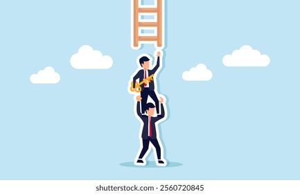 A businessman hold a key receives help climbing a ladder from his partner by step on their back, illustration of business partner support for gaining solutions to improve performance