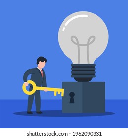 Businessman hold key to turn on the light bulb. The creative concept of unlocking business ideas. Simple trendy cute vector character illustration. Abstract conceptual flat style graphic design.