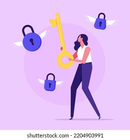 Businessman hold key unlock padlocks solving business problem. Employee find solution to trouble. Achievement and success. Vector illustration.