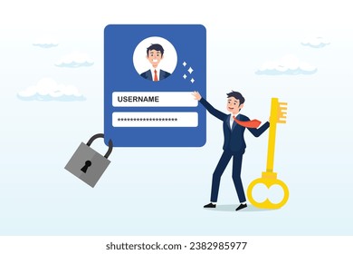 Businessman hold key with user account lock with strong lock pad, strong password for cyber security, high protection and safety for login account, secure data privacy, online authentication (Vector)