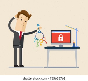 Businessman hold the keys and Computer laptop with protection key lock. Vector, illustration, flat