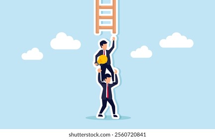 A businessman hold a lamp receives help climb a ladder from his partner by step on their back, illustration of business partner support for gain ideas to improve performance