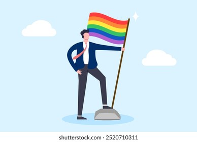 Businessman hold LGBT rainbow flag. Employee manager people gender equality. Success work job leadership goal. Flat illustration design vector.	
