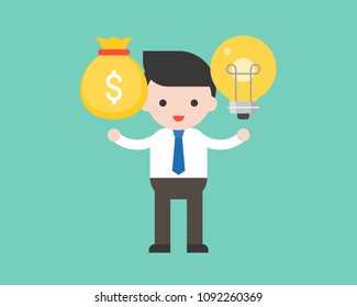 Businessman hold light bulb at left hand and money bag at right hand, decision making choice concept flat design