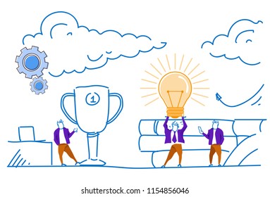 businessman hold light lamp winner first place trophy cup success concept innovation victory strategy team working sketch doodle horizontal vector illustration