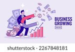 businessman hold magnet attract money. Magnetic force. Earn money. Profit, income. Investment attraction concept. Graph to success. Modern Flat design vector illustration.