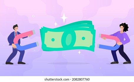 businessman hold magnet attract money. Magnetic force. Earn money. Profit, income. Investment attraction concept. Modern Flat design vector illustration.