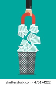 Businessman hold magnet attracting a documents in the trash can. vector illustration
