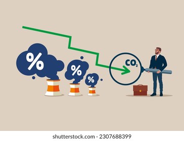 Businessman hold magnifying glass with change the Carbon CO2 Level. Stop air pollution, co2 , ecological problems. Cutting harmful industry emissions. Flat vector illustration. 