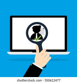 Businessman hold a magnifying glass for choosing the right personal with resume the best candidate on internet laptop computer.Vector illustration recruitment and job search concept.