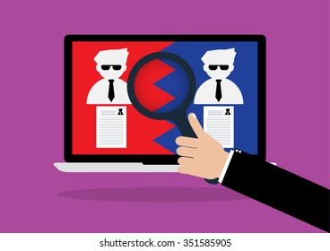 Businessman hold a magnifying glass for choosing the right personal with resume the best candidate red and blue on internet laptop computer.Vector illustration recruitment and job search concept.