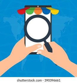 Businessman hold a magnifying glass for choosing internet online shopping on mobile tablet smart phone on world map background.  E-Commerce online shopping concept.   