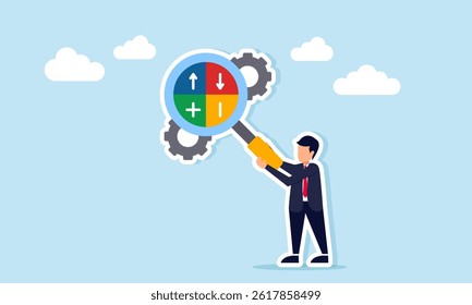 Businessman hold a magnifying glass with up down arrows and plus minus signs to observe a gear system, illustration of analyzing pros and cons of a business or production system
