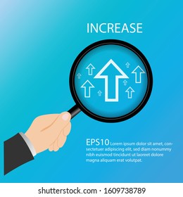Businessman hold magnifying glass focus on arrow pointing up. Increase improvement progress. EPS10 vector illustration.
