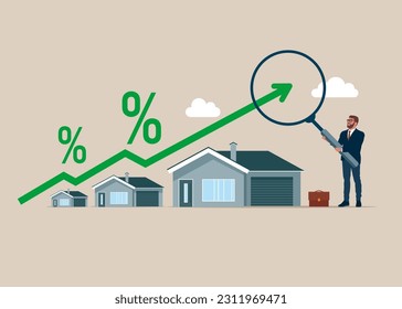 Empresario sostiene una lupa con inversión inmobiliaria, el precio de la vivienda sube. Aumento de las tasas de interés debido a la inflación. Ilustración vectorial plana. 