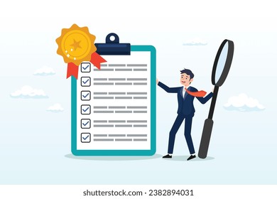 Businessman hold magnifying glass with standard QC badge document, standard, quality control or certified approval, corporate policy or compliance, guarantee checklist document, assurance (Vector)