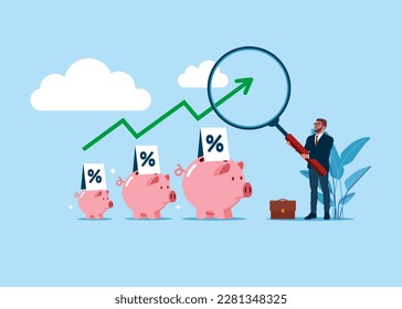 Businessman hold magnifying with pile of piggy bank. Interest rate hike due to inflation. Flat vector illustration on blue background.