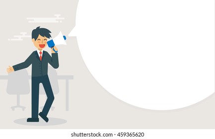 Businessman hold a megaphone announce with big bubble speech vector illustration