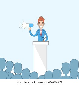 Businessman Hold Megaphone Loudspeaker Stand Tribune Speech Vector Illustration