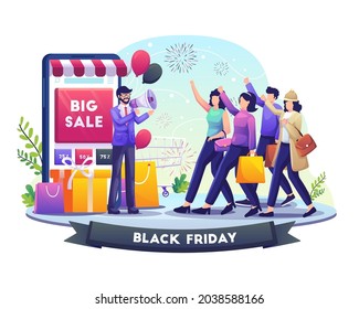 Businessman hold megaphone refers people to shop on Black Friday Big Sale Holiday Shopping. Flat vector illustration