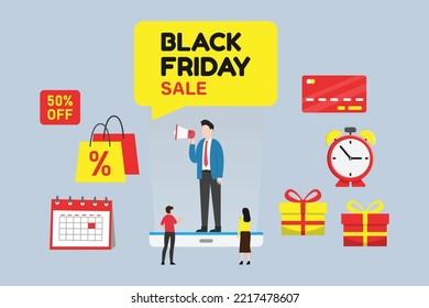 Businessman hold megaphone refers people to shop on Black Friday Big Sale 2d vector illustration concept for banner, website, illustration, landing page, flyer, etc.