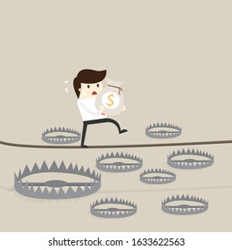 Businessman hold Money bag walk on rope over trap. 