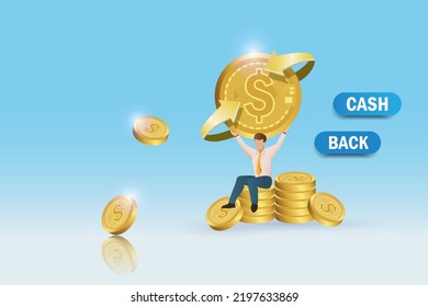 Businessman Hold Money Cash Back Sign On Dollar Gold Coin. Advertising Commercial Design For Money Roll Back Promotion Campaign, Financial Marketing For Web Banner, Template.