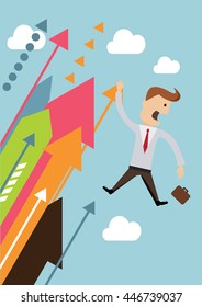 Businessman hold on graph up to high business concept vector illustration.