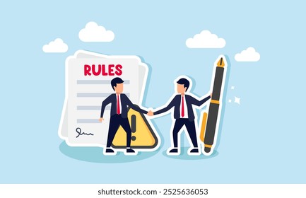 A businessman hold a pen shakes hands with another over a rules document marked with a warning sign, illustration of an agreement on mutually accepted business collaboration rules