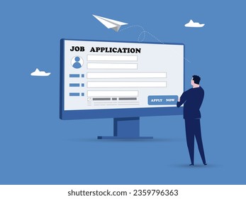 Businessman hold pencil fill in computer job application form.Online job application, career or employment submission form, candidate recruitment, job search or resume and CV document upload concept. svg