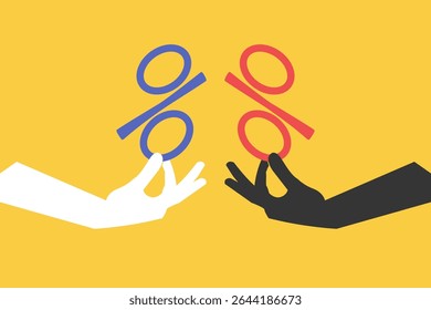 Empresário detém metáfora de sinal de porcentagem de imposto tarifário. conceito de imposto de importação, recessão econômica, alfândegas, regulamentação, imposto de importação e exportação